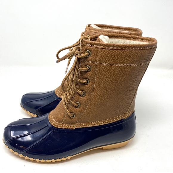 New in Box Brown Navy Blue Faux Fur Vegan Leather Waterproof Duck Boots - Picture 5 of 11